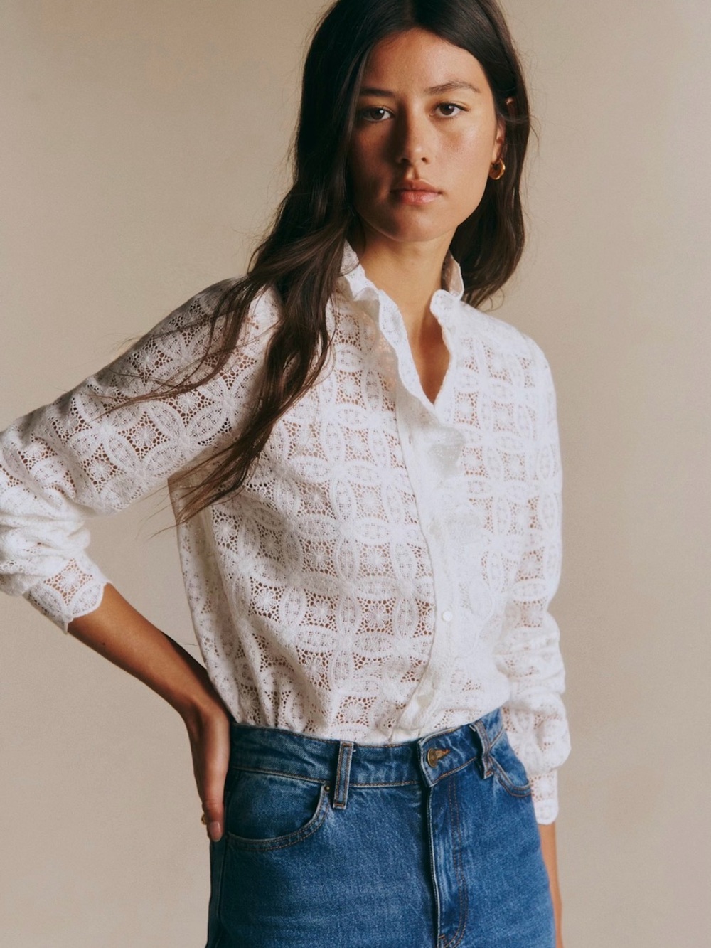 NWT Sezane Chlo Ecru Guipure Lace Blouse 2 34